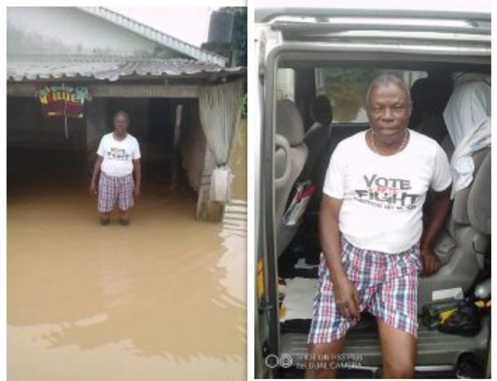 bayelsa-flood His Highness, Amos Poubinafa, Traditional Ruler of Tungbo town in Sagbama Local Government Area, Bayelsa, sleeps in his car as flood ravages palace, community. Photo credit: NAN