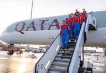Bayern leave for Qatar camp without Mazraoui due to heart issue The players of the German Bundesliga team FC Bayern Munich stand on a staircase of an airplane of the airline Qatar Airways at Munich airport before their departure to the training camp in Qatar.